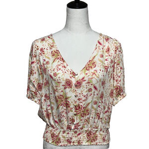 Rose + Olive Top Womens Medium Pink White Floral Smocked‎ Cropped Boho